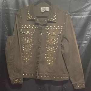 VINTAGE DIANE GILMAN DG2 STUDDED DENIM JACKET / COAT BROWN SIZE XL W/ GOLD STUDS